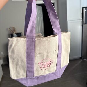 Trader Joe’s Spring Collection: Purple and Beige Tote with Pink Embroidered Logo